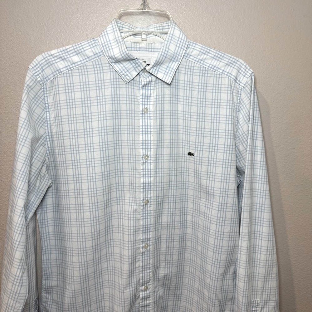 Men’s Lacoste Blue & White Casual Button Dwn Shirt Regular Fit w Logo Sz 38 - Picture 2 of 9
